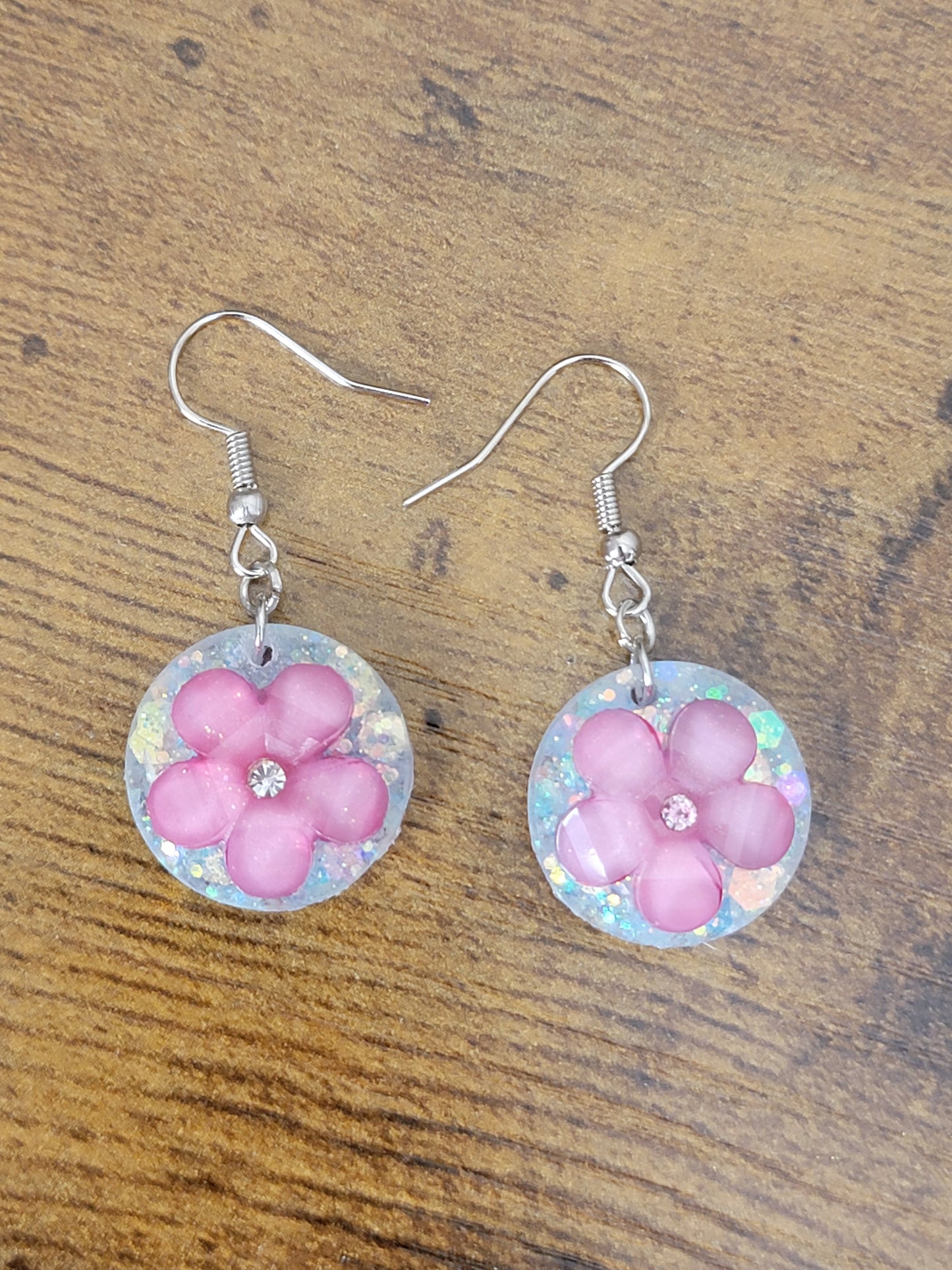 Pink flower handmade resin earrings, dangle drop earrings, handmade resin jewelry, cute earrings, gifts for her