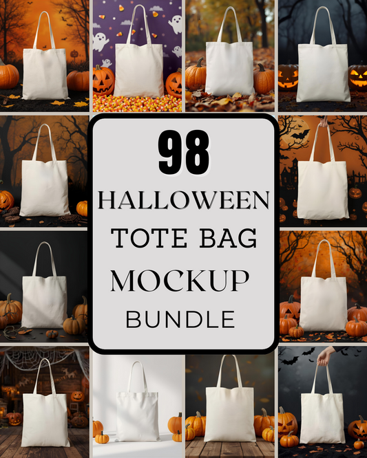 98 Halloween Tote Bag Mockups | Canvas Tote Mockup Bundle for Spooky Designs