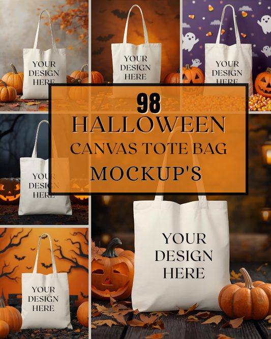 98 Halloween Tote Bag Mockups | Canvas Tote Mockup Bundle for Spooky Designs