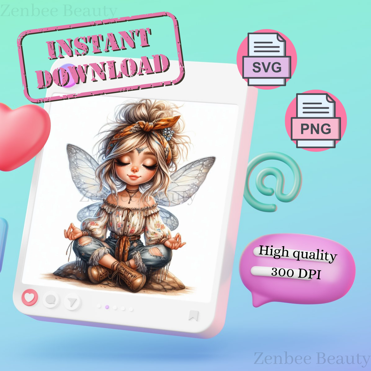 Boho fairy girl SVG PNG, meditating cute fairy Clip art cut file, Cute Yoga Digital Download for Sublimation, stickers, Cricut, Silhouette, POD & Crafts