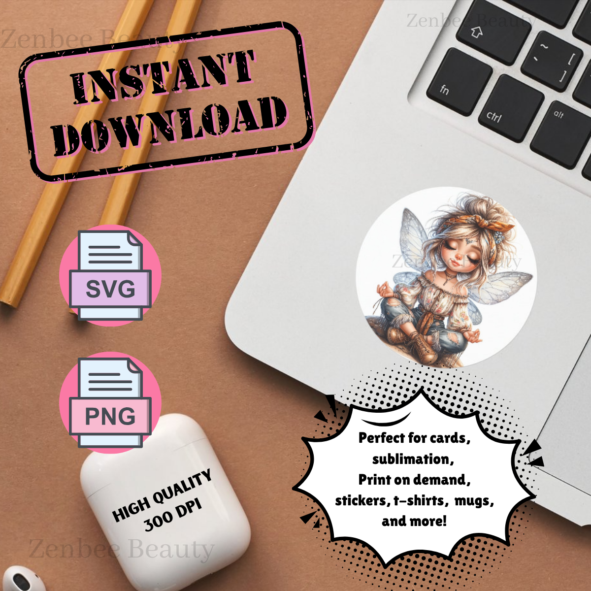 Boho fairy girl SVG PNG, meditating cute fairy Clip art cut file, Cute Yoga Digital Download for Sublimation, stickers, Cricut, Silhouette, POD & Crafts