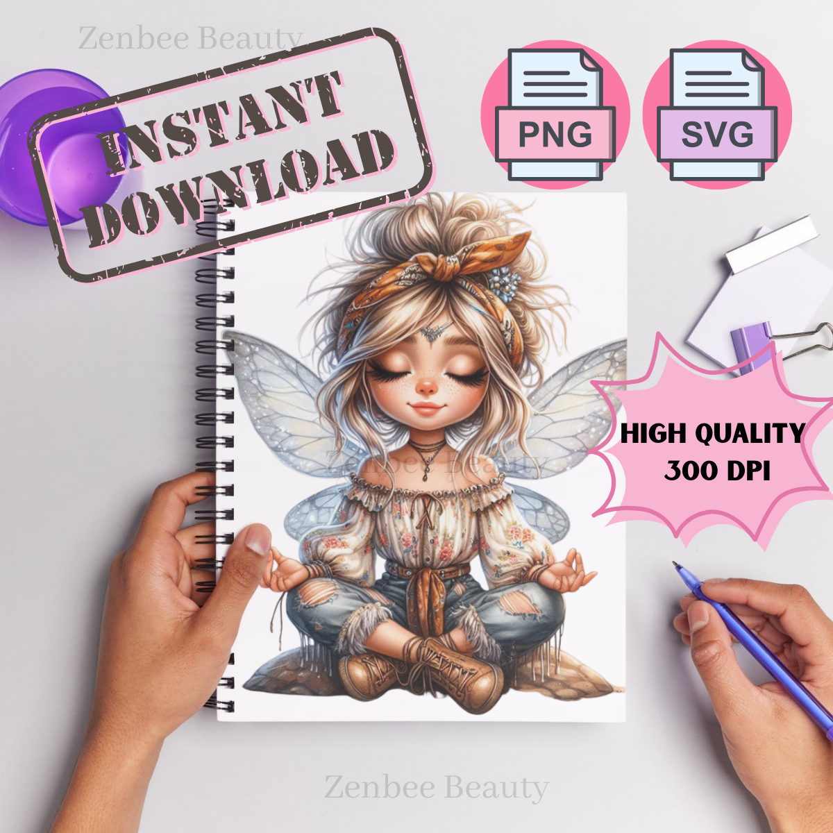 Boho fairy girl SVG PNG, meditating cute fairy Clip art cut file, Cute Yoga Digital Download for Sublimation, stickers, Cricut, Silhouette, POD & Crafts