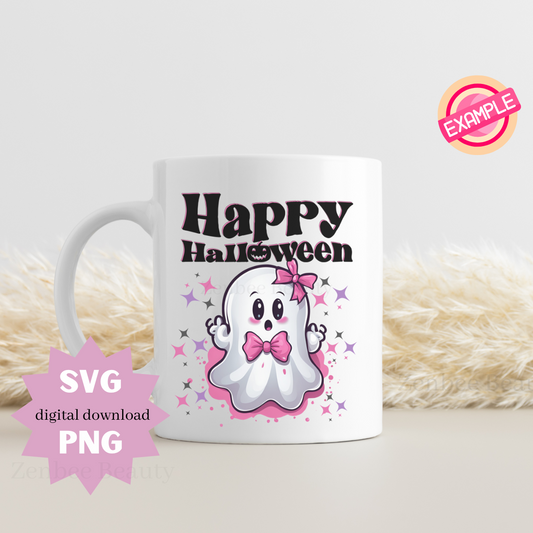 Happy Halloween Cute Ghost SVG PNG | Kawaii Halloween Clipart Digital Download