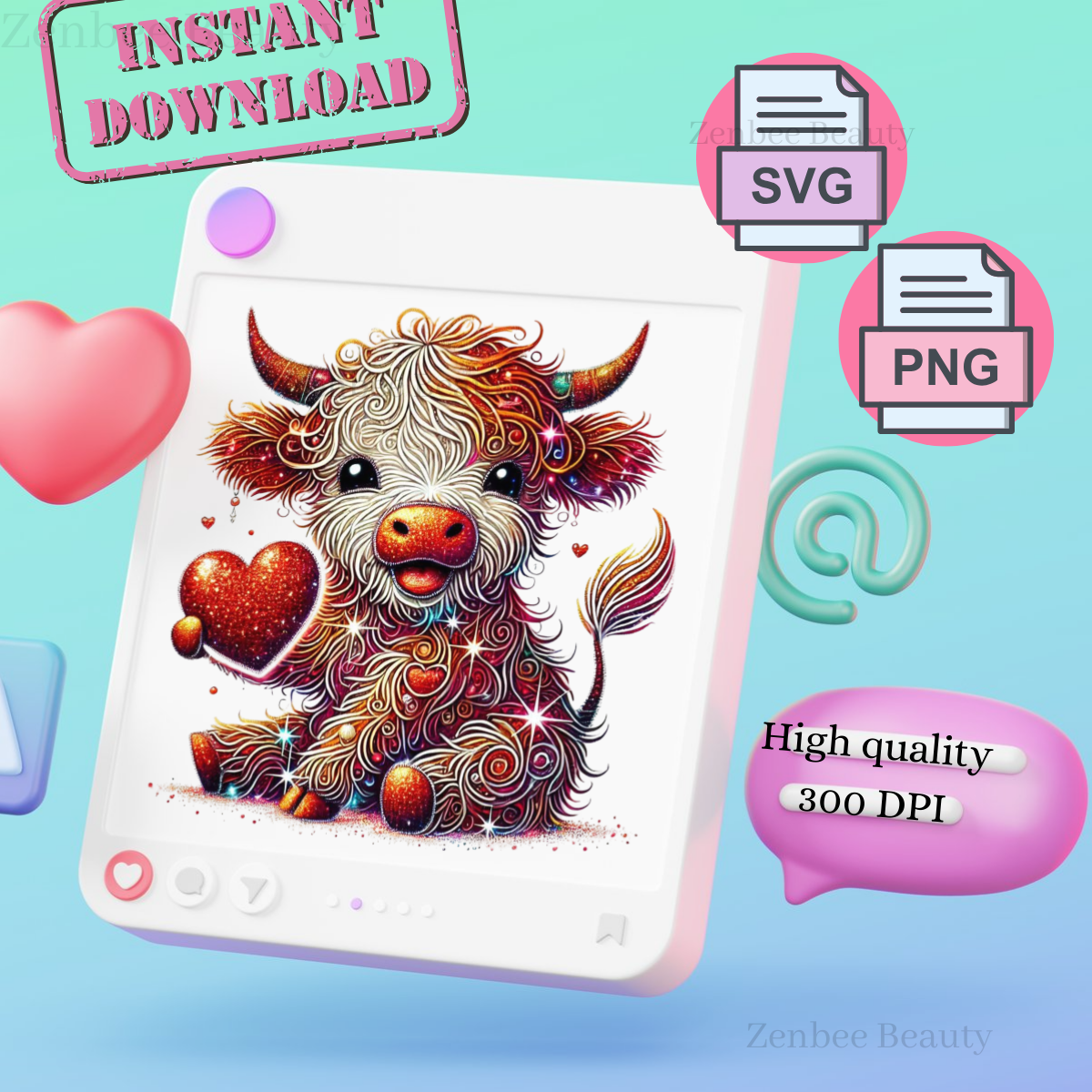 Valentine’s Day Sparkling Cow SVG + PNG Digital Download