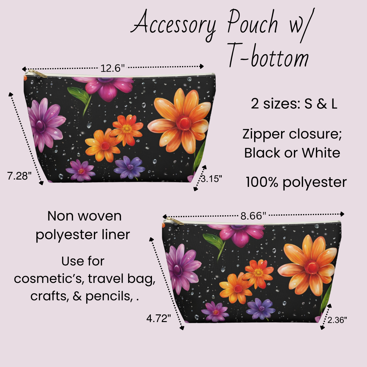 Floral Accessory Pouch, Flowers All Over Print, Makeup Bag, Cosmetic Case, Travel Organizer, Gift for Her, Floral Design