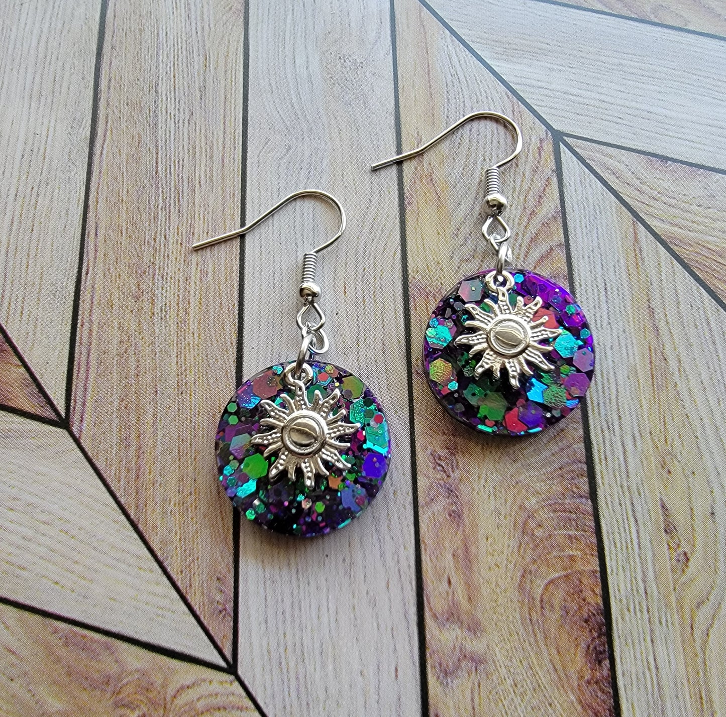 Sun charm dangle drop earrings handmade