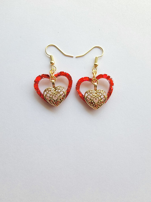 Double heart red sparkel & gold drop handmade dangle earrings