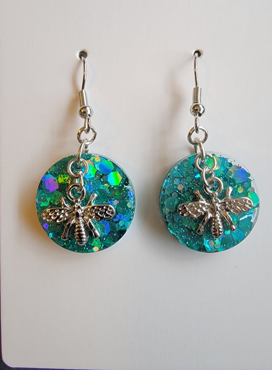 Sparkling green bumble Bee dangle handmade drop earrings