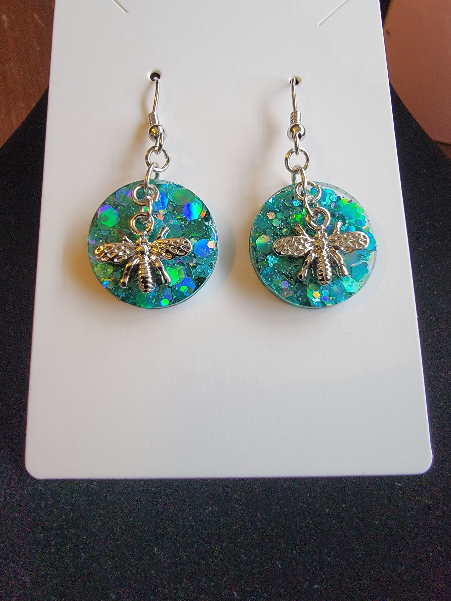 Sparkling green bumble Bee dangle handmade drop earrings