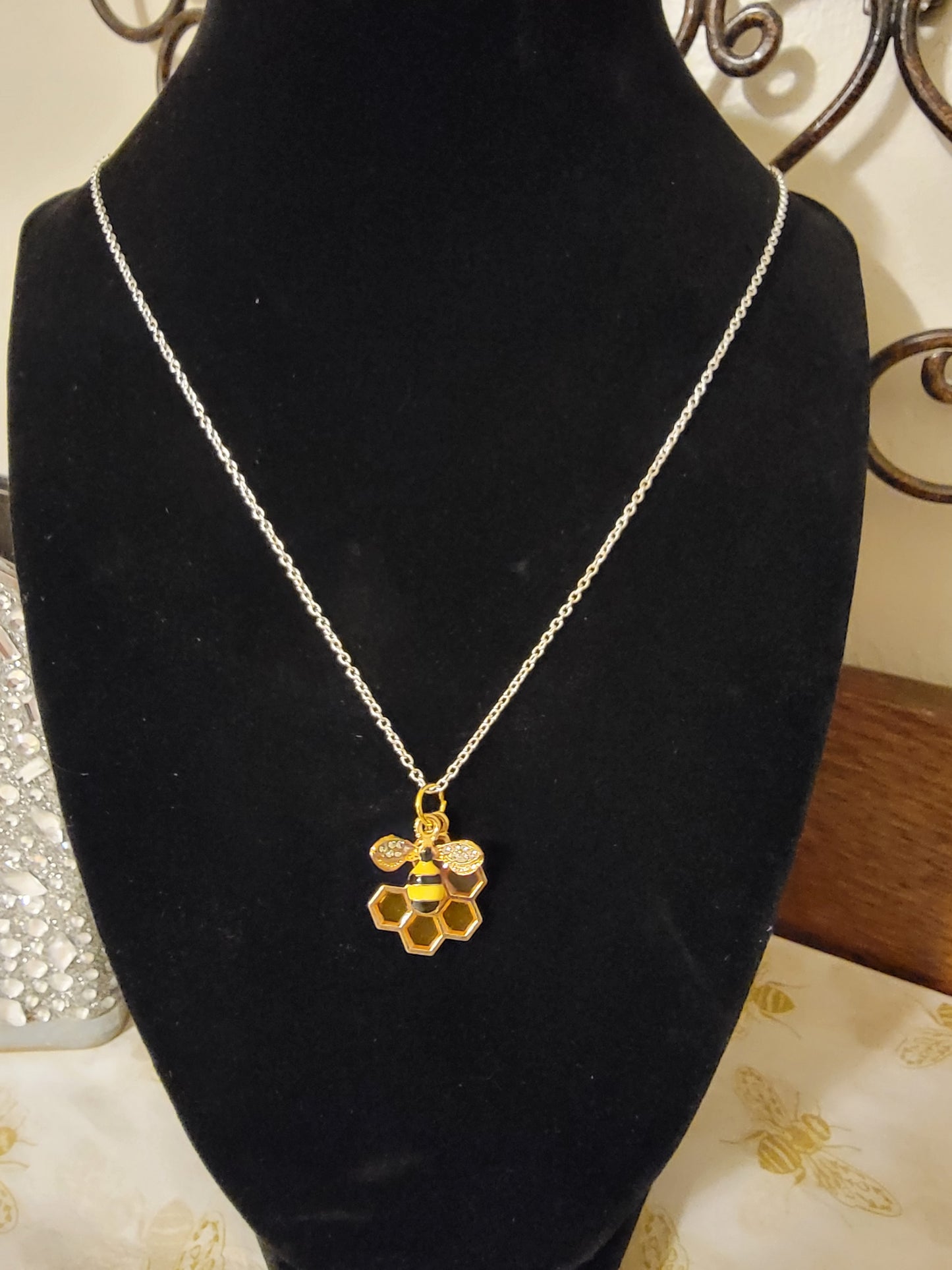 Bee and honeycomb charm pendant necklace