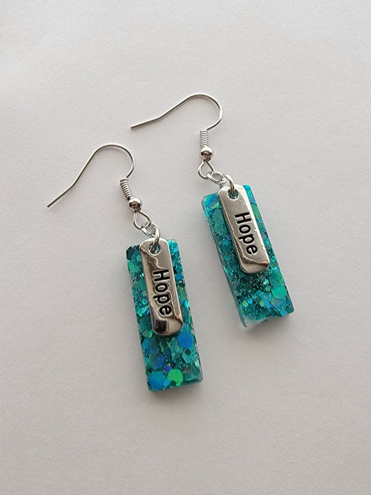 Hope charm dangle green glitter handmade earrings