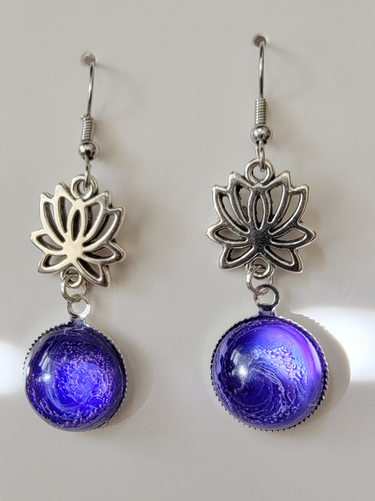 Lotus dangle round purple resin petri earrings handmade jewelry, yoga earrings, meditation earrings, spiritual gift,