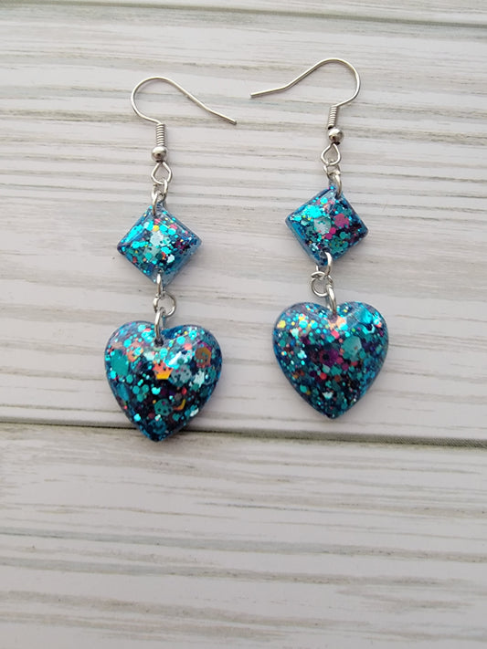 Diamond heart glittery blue green dangle Earrings