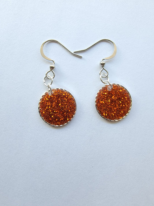 fall copper glitter resin round dangle earrings