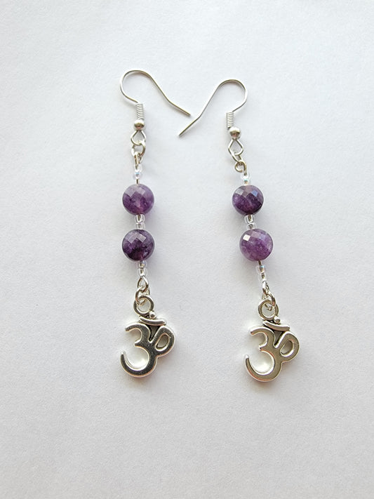 Amethyst ohm earrings, dangle hook earrings, handmade unique earrings, yoga jewelry, spiritual gifts for her