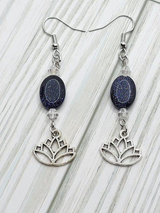 Blue natural stone lotus charm dangle earrings for yoga lover, meditation earrings, handmade earrings, spiritual gifts for her