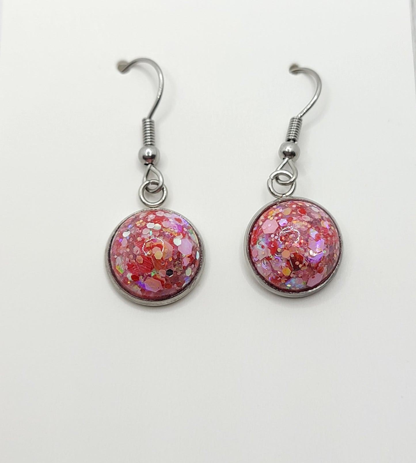 Red pink glitter handmade dangle drop earrings