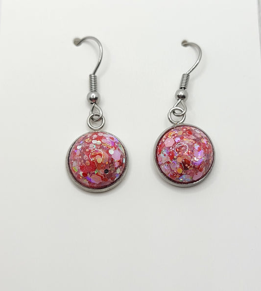 Red pink glitter handmade dangle drop earrings