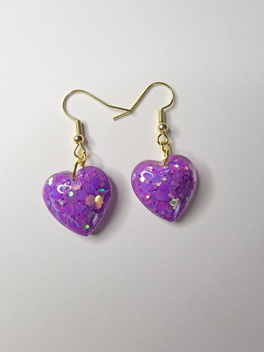 Purple sparkling heart drop dangle handmade earrings, cute earrings for women, simple jewelry, gifts for her